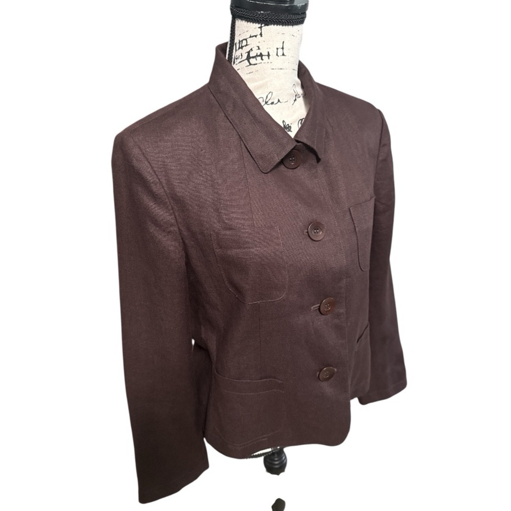 Talbots Chocolate Brown Irish Linen Blazer 14P Structured Fall Layering Workwear